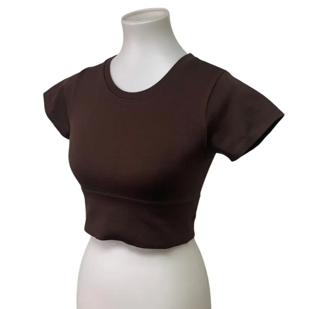New OFFLINE By Aerie Womens Small Brown Sidewalk Seamless Cropped T-Shirt Tee - Picture 1 of 7
